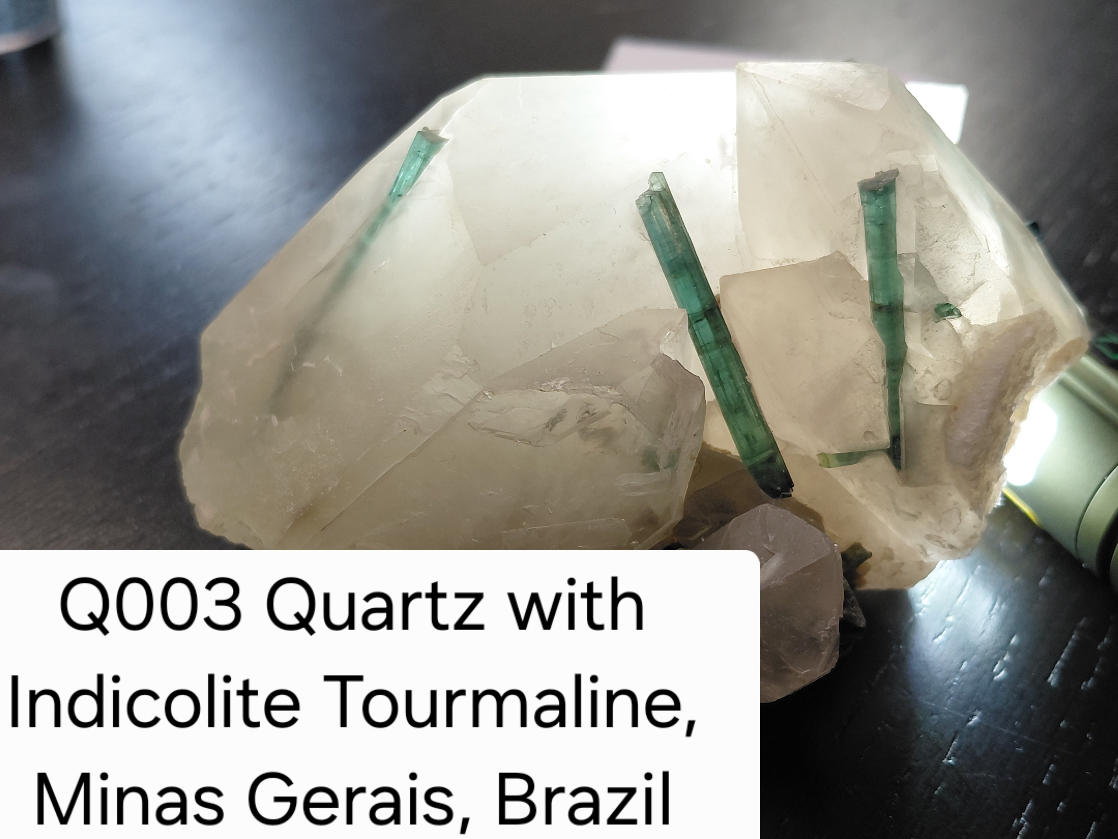 Q003 – Indicolite Tourmaline on Quartz Cluster