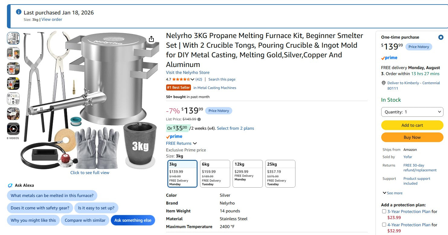 Nelyrho 3KG Propane Melting Furnace Kit